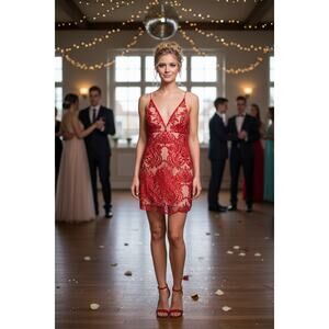 Free People Red Lace Sequin Mini Dress NWT V-Neck Party Cocktail Size 10